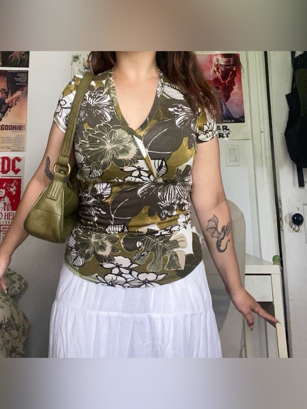 Olive Green Floral Wrap baby doll style Women’s Top